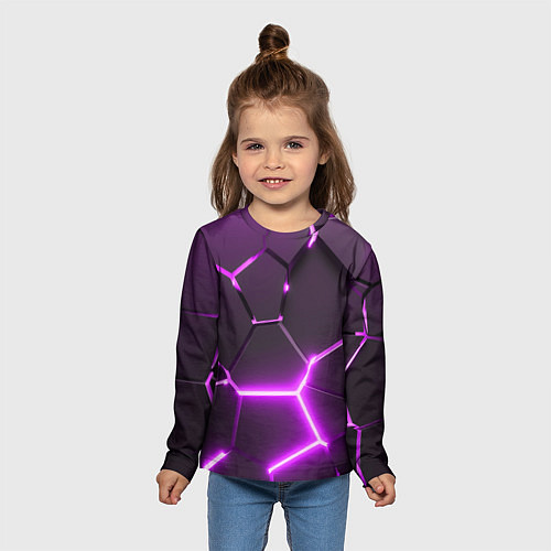Детский лонгслив Фиолетовые неоновые геометрические плиты / 3D-принт – фото 5