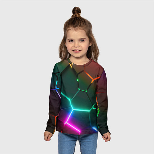 Детский лонгслив Радужный градиент неоновые геометрические плиты / 3D-принт – фото 5