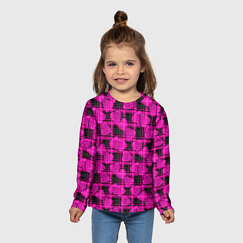 Детский лонгслив Black and pink hearts pattern on checkered / 3D-принт – фото 5