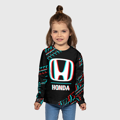 Детский лонгслив Значок Honda в стиле glitch на темном фоне / 3D-принт – фото 5