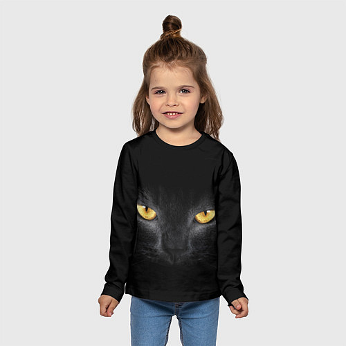 Детский лонгслив Чёрная кошка с оранжевыми глазами / 3D-принт – фото 5