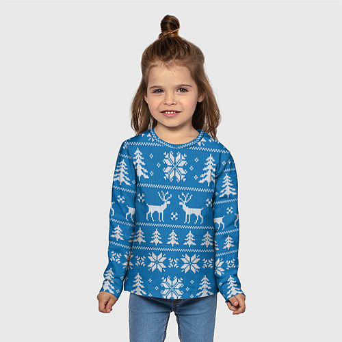 Детский лонгслив Рождественский синий свитер с оленями / 3D-принт – фото 5
