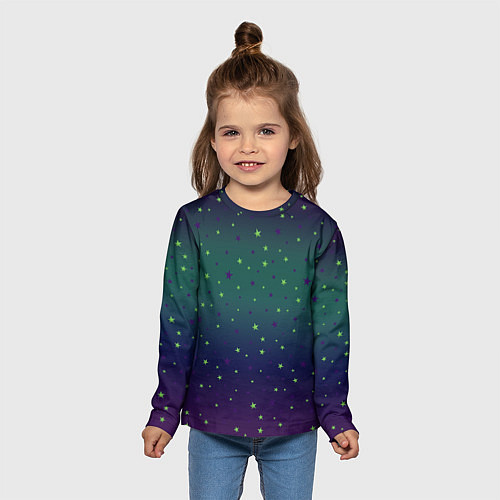 Детский лонгслив Неоновые зеленые и сиреневые звезды на темно зелен / 3D-принт – фото 5