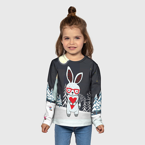 Детский лонгслив Зайчик с сердечком в ночном лесу / 3D-принт – фото 5