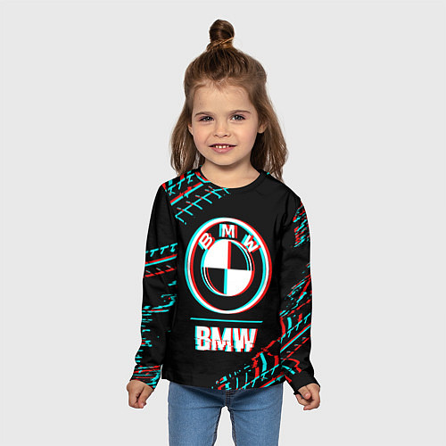Детский лонгслив Значок BMW в стиле glitch на темном фоне / 3D-принт – фото 5