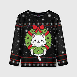 Лонгслив детский Рождественский венок с котиком, цвет: 3D-принт