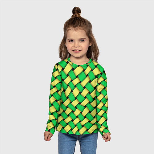 Детский лонгслив Жёлто-зелёная плетёнка - оптическая иллюзия / 3D-принт – фото 5
