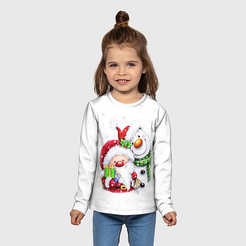 Детский лонгслив Дед Мороз и снеговик с подарками / 3D-принт – фото 5