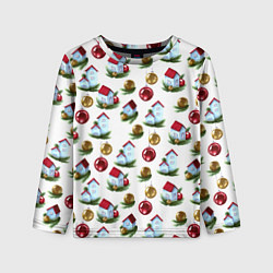 Лонгслив детский Новогодние домики на белом - паттерн, цвет: 3D-принт