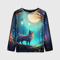 Лонгслив детский Волк в ночном лесу в folk art стиле, цвет: 3D-принт