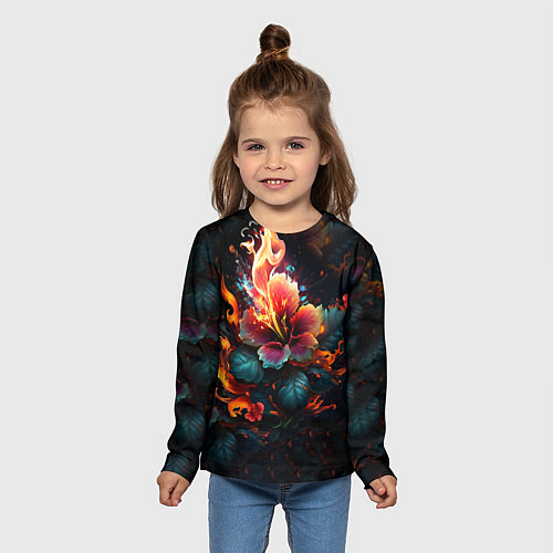 Детский лонгслив Огненный цветок на темном фоне / 3D-принт – фото 5