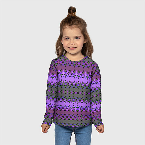 Детский лонгслив Серо-фиолетовый этнический геометрический узор / 3D-принт – фото 5