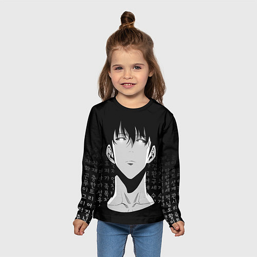 Детский лонгслив Сон Джин Ву на фоне корейских символов / 3D-принт – фото 5