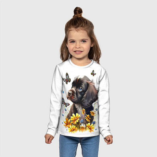 Детский лонгслив Черный щенок и жёлтые полевые цветы / 3D-принт – фото 5