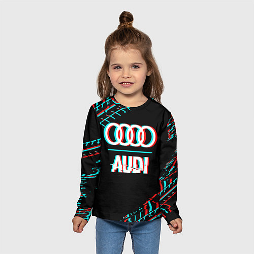 Детский лонгслив Значок Audi в стиле glitch на темном фоне / 3D-принт – фото 5