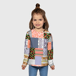 Лонгслив детский Пэчворк из разноцветных лоскутов в оранжевых и сер, цвет: 3D-принт — фото 2