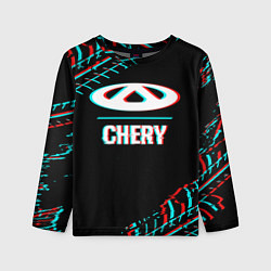 Детский лонгслив Значок Chery в стиле glitch на темном фоне