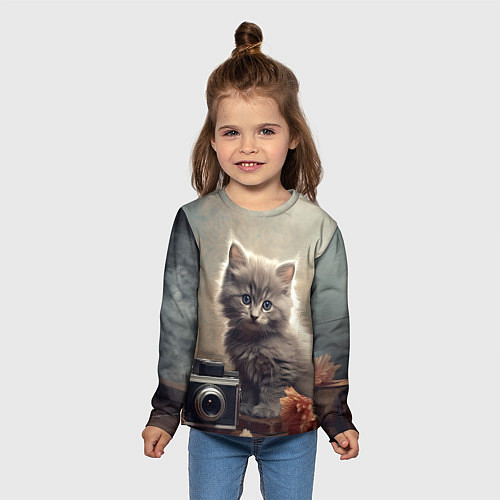 Детский лонгслив Серый котенок, винтажное фото / 3D-принт – фото 5