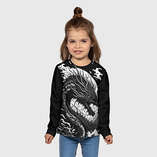 Детский лонгслив Черно-белый дракон и волны / 3D-принт – фото 5