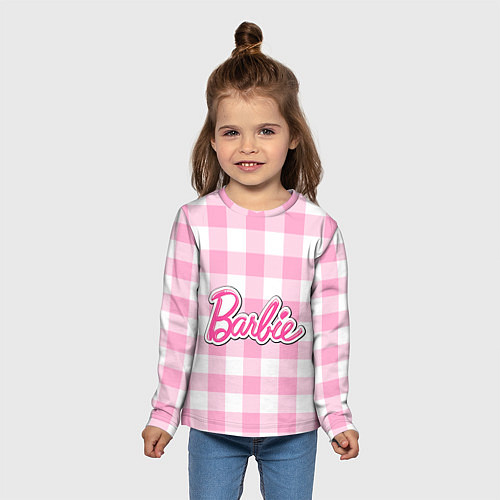 Детский лонгслив Барби лого розовая клетка / 3D-принт – фото 5