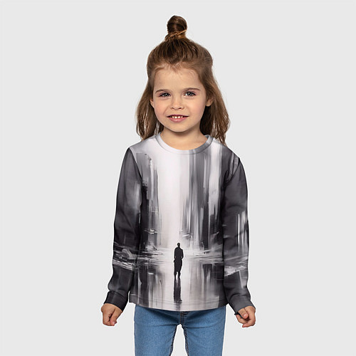 Детский лонгслив Большой мрачный город с силуэтом человека / 3D-принт – фото 5