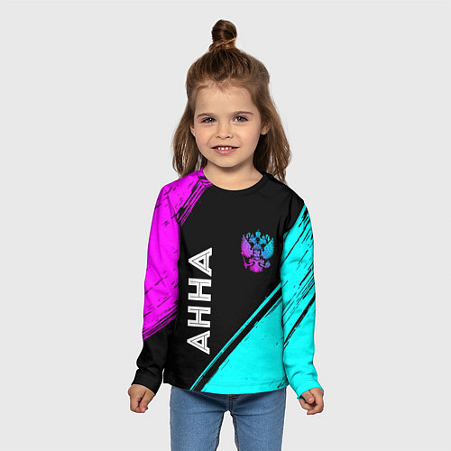 Детский лонгслив Анна и неоновый герб России: надпись, символ / 3D-принт – фото 5