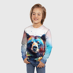 Лонгслив детский Портрет медведя гризли с цветами акварелью, цвет: 3D-принт — фото 2