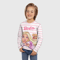 Лонгслив детский Барби с щенком: розово-белая горизонтальная полоск, цвет: 3D-принт — фото 2