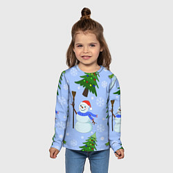 Лонгслив детский Снеговики с новогодними елками паттерн, цвет: 3D-принт — фото 2