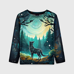 Лонгслив детский Волк в ночном лесу фолк-арт, цвет: 3D-принт