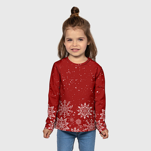 Детский лонгслив Текстура снежинок на красном фоне / 3D-принт – фото 5