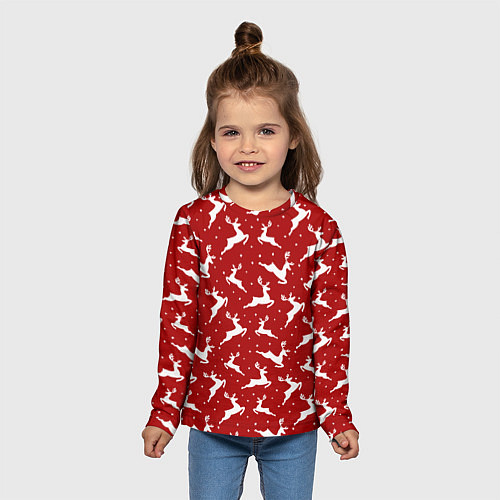 Детский лонгслив Красный паттерн с новогодними оленями / 3D-принт – фото 5