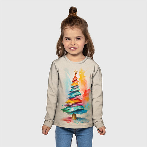 Детский лонгслив Новогодняя ель акварелью на холсте / 3D-принт – фото 5