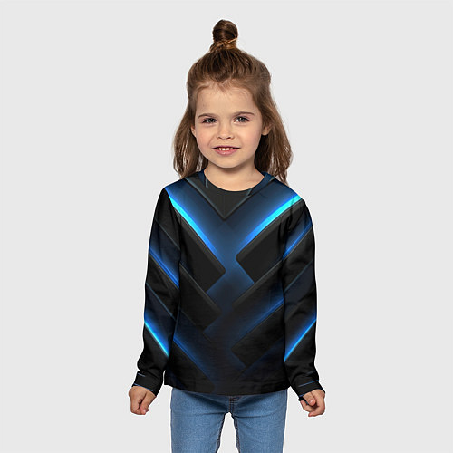 Детский лонгслив Черный абстрактный фон и синие неоновые вставки / 3D-принт – фото 5