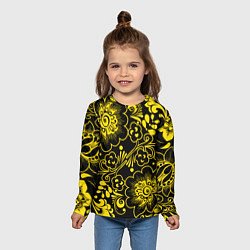 Лонгслив детский Хохломская роспись золотые цветы на чёроном фоне, цвет: 3D-принт — фото 2