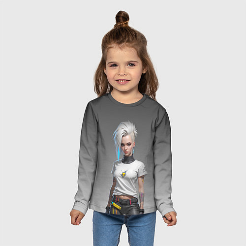 Детский лонгслив Блондинка в белой футболке Cyberpunk 2077 / 3D-принт – фото 5