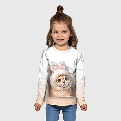 Детский лонгслив Милый кот-мем в шапке с ушками - бежевый градиент / 3D-принт – фото 5