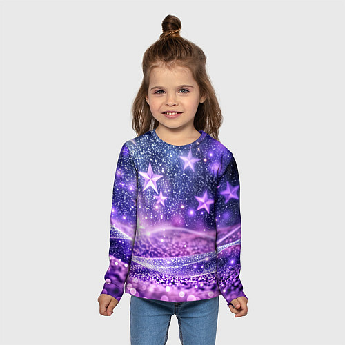 Детский лонгслив Абстрактные звезды в фиолетовых искрах / 3D-принт – фото 5