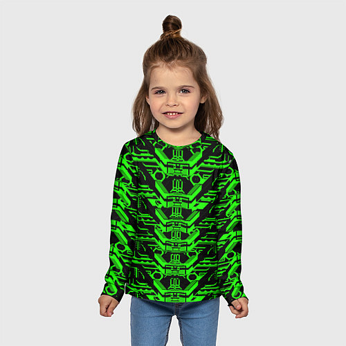 Детский лонгслив Зелёная техно-броня на чёрном фоне / 3D-принт – фото 5