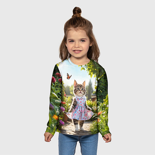 Детский лонгслив Кошка в летнем платье в саду / 3D-принт – фото 5