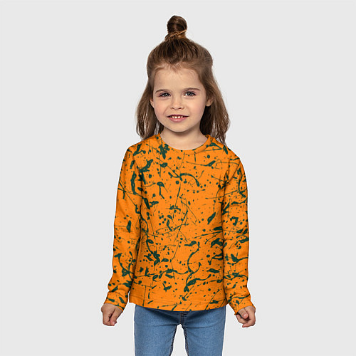 Детский лонгслив Оранжевый с брызгами зеленой краски / 3D-принт – фото 5