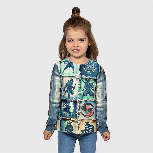 Детский лонгслив Самураи на пэчворк дениме / 3D-принт – фото 5