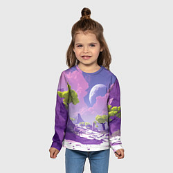 Лонгслив детский Фиолетовые горы зеленые деревья и космос, цвет: 3D-принт — фото 2