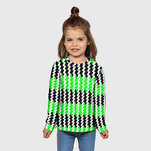 Детский лонгслив Вертикальные чёрно-зелёные полосы / 3D-принт – фото 5