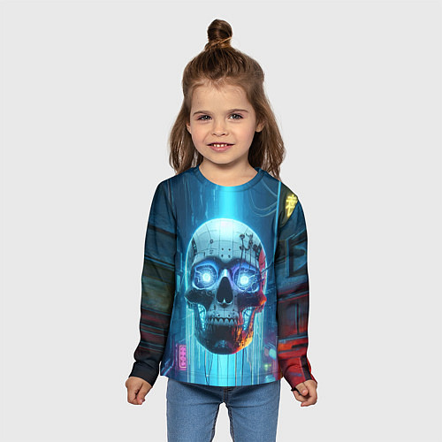 Детский лонгслив Cyber skull - neon glow ai art / 3D-принт – фото 5