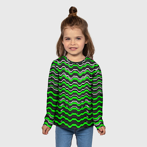Детский лонгслив Белые и зелёные полосы на чёрном фоне / 3D-принт – фото 5