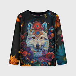 Лонгслив детский Белый волк с цветами акварелью, цвет: 3D-принт
