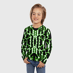 Лонгслив детский Техно белые линии с зелёной обводкой на чёрном фон, цвет: 3D-принт — фото 2