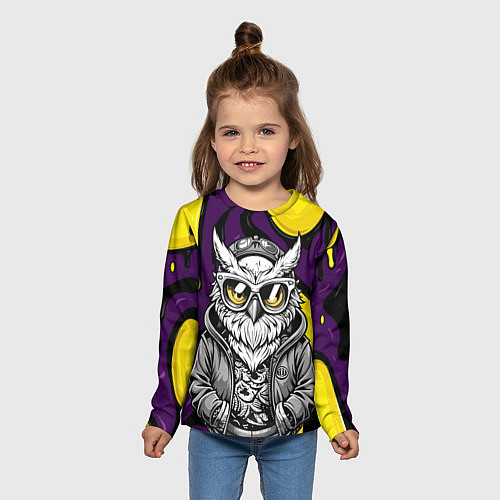 Детский лонгслив Модная сова фиолетово-желтый фон / 3D-принт – фото 5
