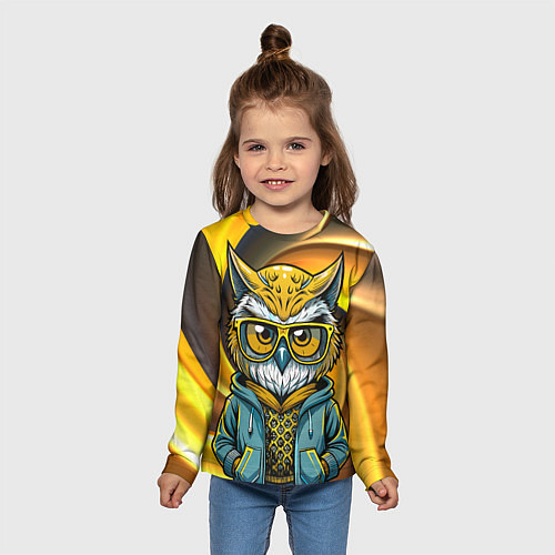 Детский лонгслив Модная сова и желтый спиральный фон / 3D-принт – фото 5